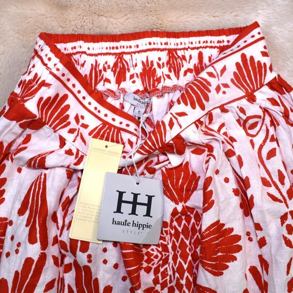 Haute Hippie Red Orange Boho Floral Linen Blend Flowy Skirt Size Small New - Picture 6 of 10
